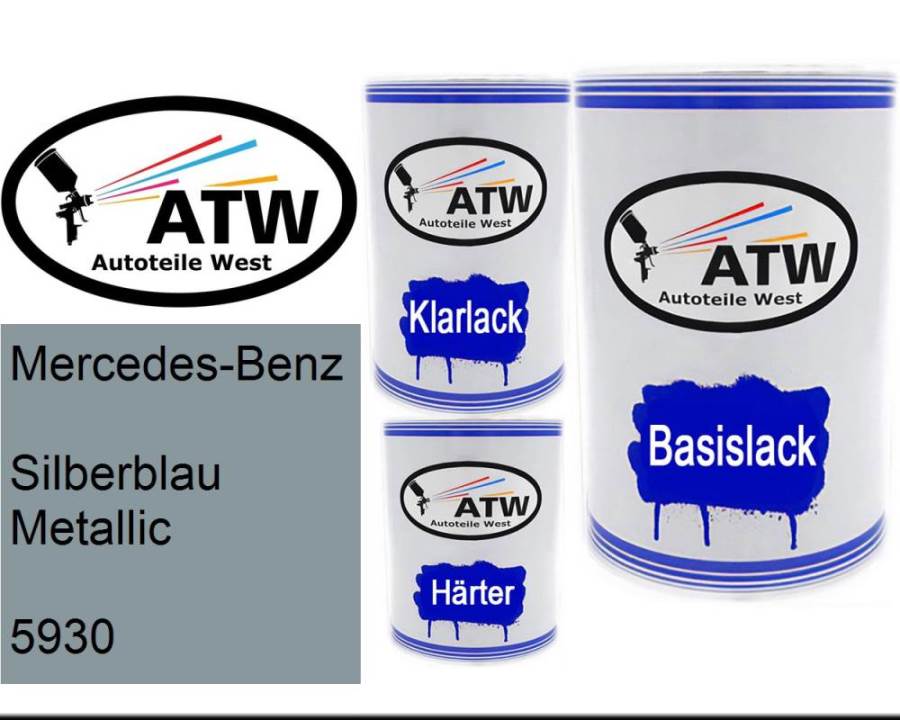 Mercedes-Benz, Silberblau Metallic, 5930: 500ml Lackdose + 500ml Klarlack + 250ml Härter - Set, von ATW Autoteile West.